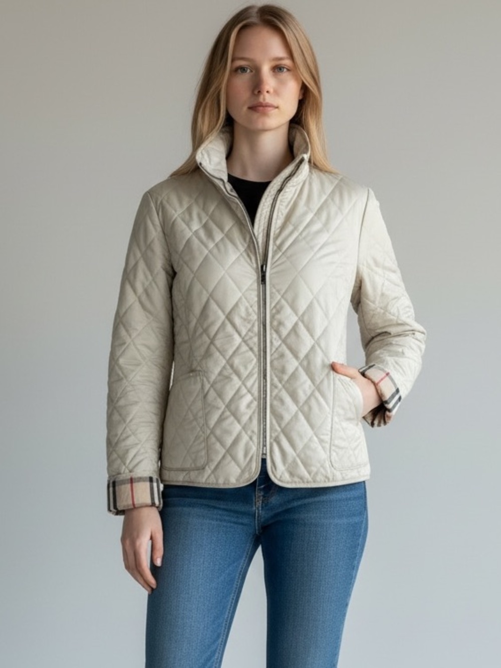 Burberry London Cream Diamond-Quilted Zip-Up Jacket Nova Check Lined